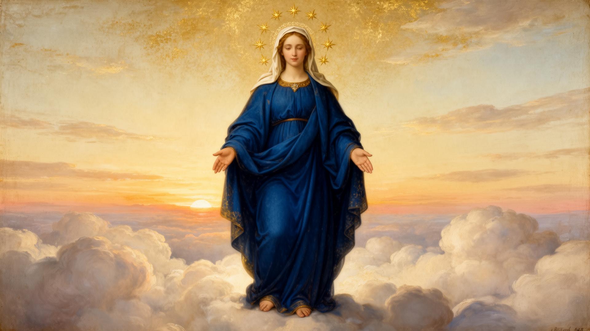 Representación de la Virgen María vestida de azul entre nubes