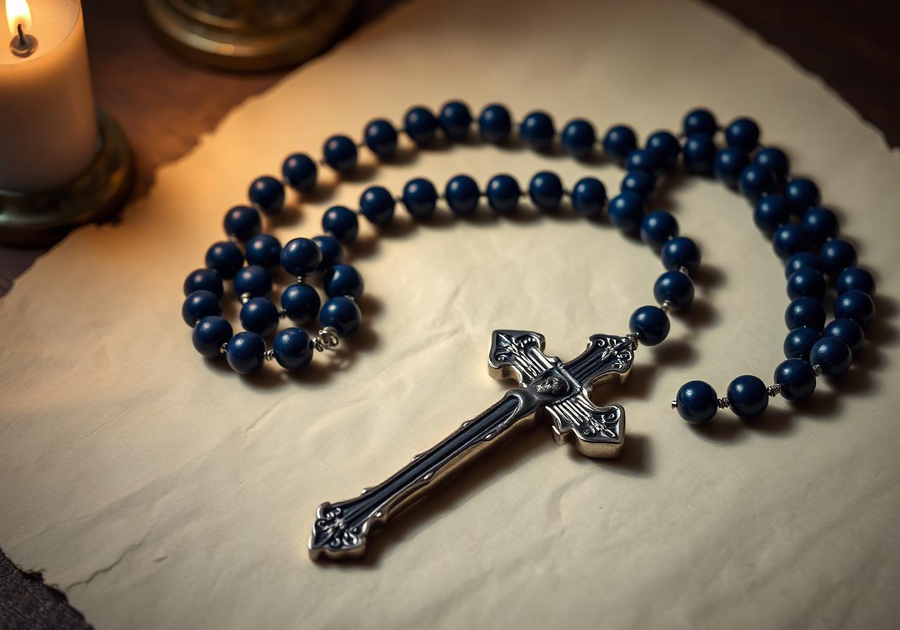 Rosario azul con un crucifijo plateado